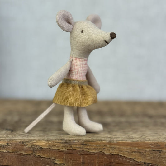 Maileg Little Sister - Red Check Bodice, Yellow Skirt, Miniature Maileg Mouse