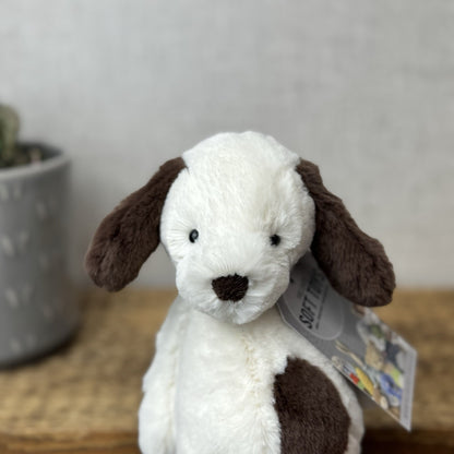 Jellycat Small Puffles Dog -Super Soft White & Brown Retired Puppy Beanie 8”