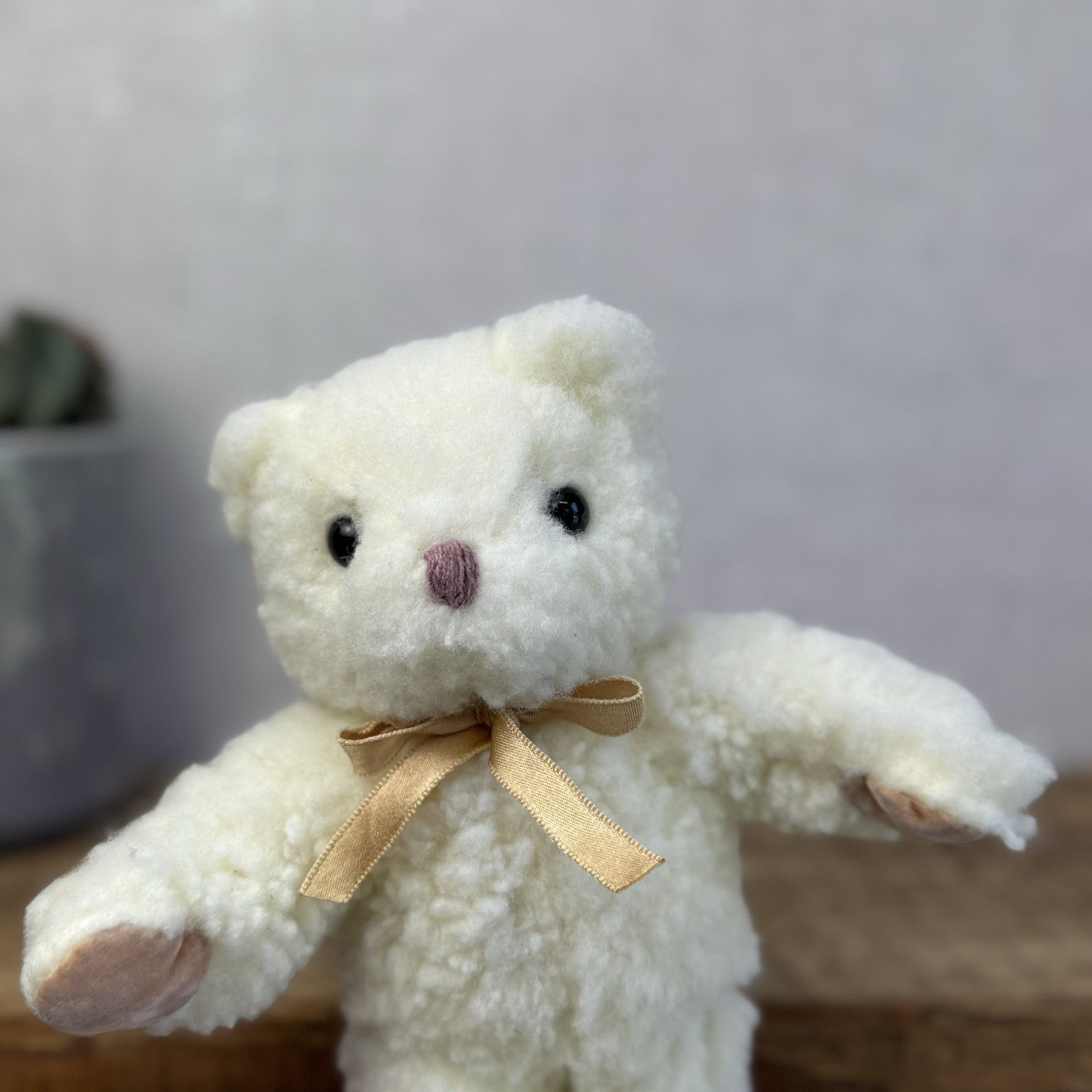 Vintage Mothercare Bear 1990 - Fleecy Off White Bear Gold Bow Suede Paws 8”