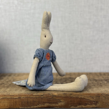 Maileg Small Rabbit Denim Dress Floral Detail - Older Style Bunny Retired 2010