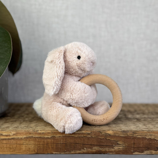 Jellycat Shooshu Bunny Beige Teething Ring - Smudge Bunny Teether Toy Rattle 5"