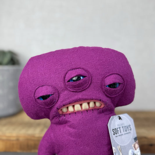 Fuggler Funny Ugly Monster Annoyed Alien Three Eyed Purple Alien Plush Felt 9"