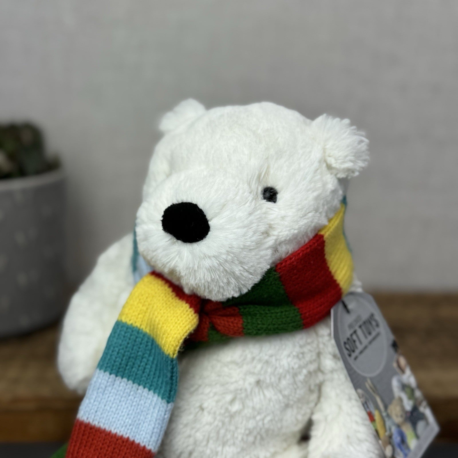 John Lewis Polar Bear Beanie Plush Rainbow Scarf - Christmas Bear (Jellycat) 10"