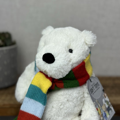 John Lewis Polar Bear Beanie Plush Rainbow Scarf - Christmas Bear (Jellycat) 10"