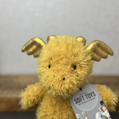 Jellycat Little Dragon - Fluffy Light Gold Dragon Beanie Plush Curly Hair 7”