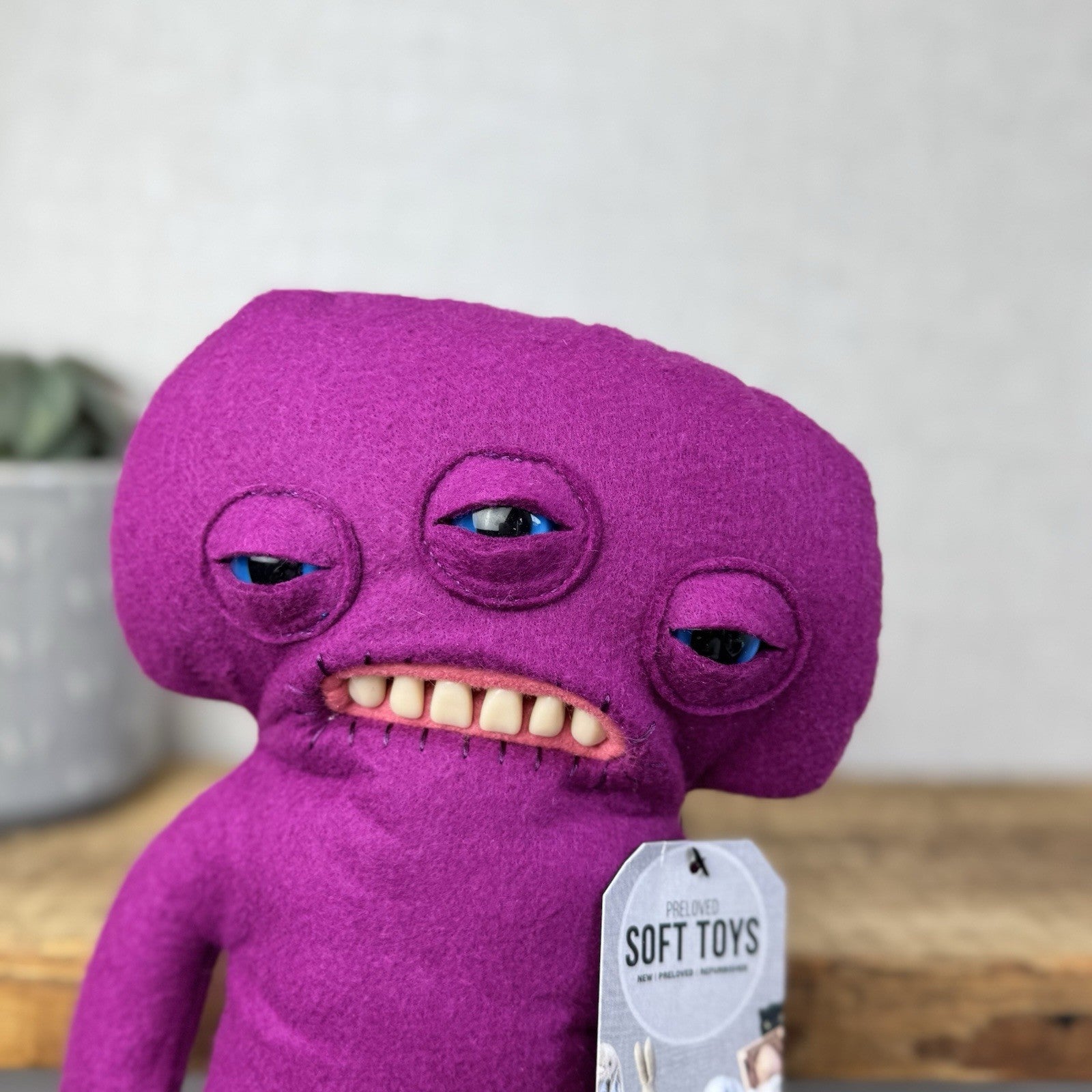 Fuggler Funny Ugly Monster Annoyed Alien Three Eyed Purple Alien Plush Felt 9"