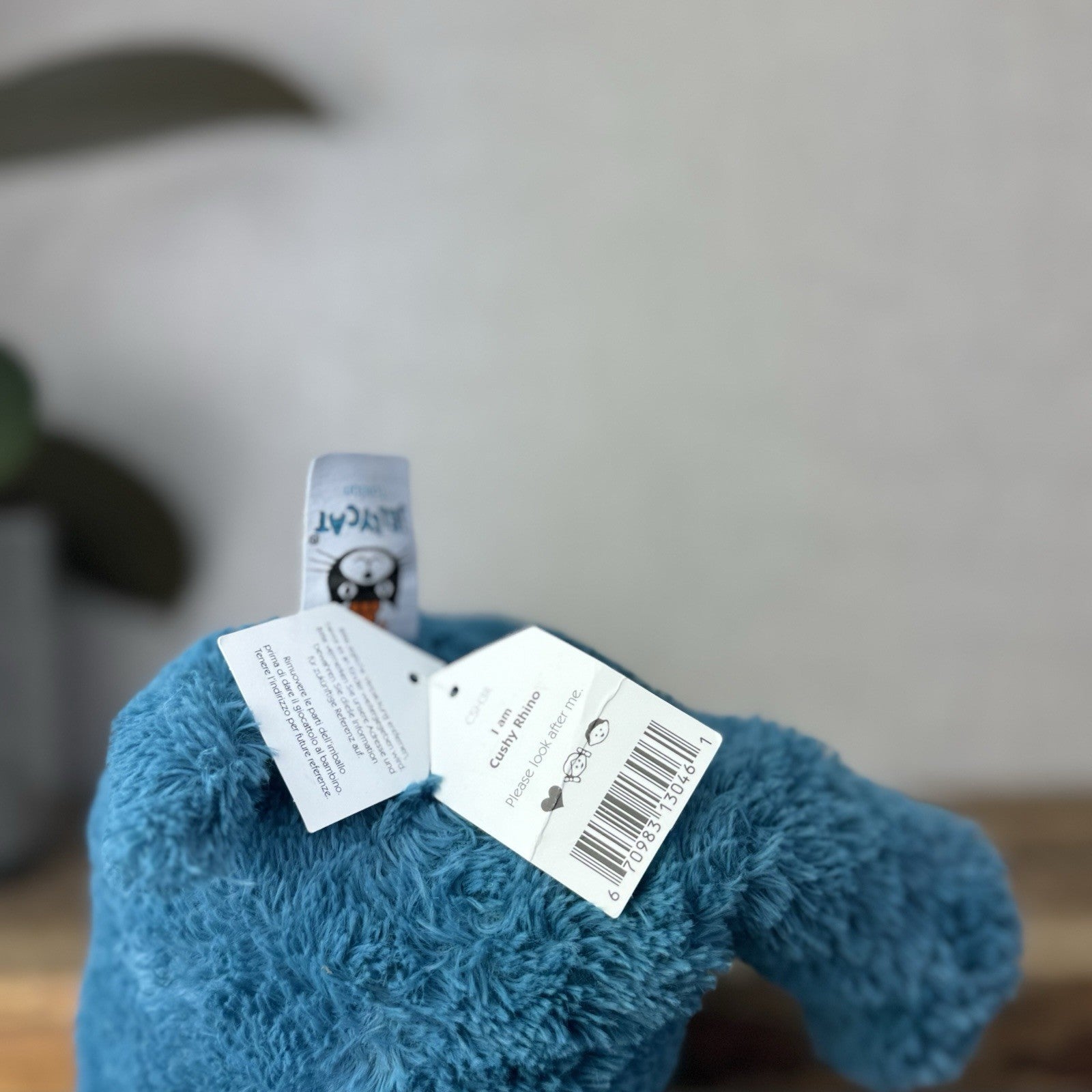 Jellycat Cushy Rhino Blue - Blue Textured Rhino Plush Beanie New With Tags 12"