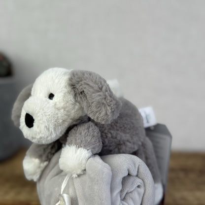 Jellycat Shooshu Puppy Soother Comfort Blanket Grey Retired Rare (Smudge Puppy)
