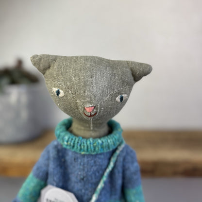 Maileg Medium Cat - Grey Retired Cat With Christmas Knitted Clothing - Rare 14"