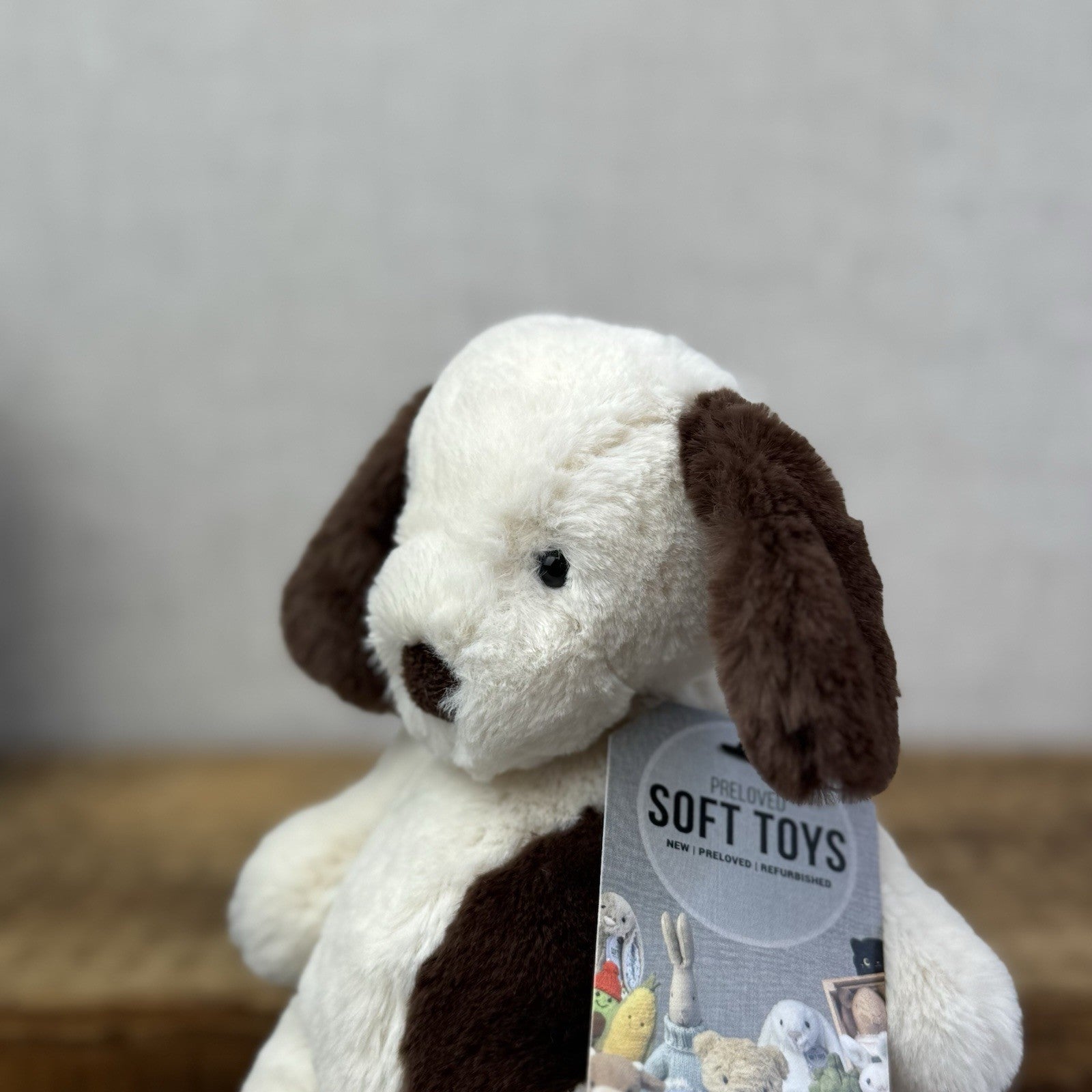 Jellycat Small Puffles Dog -Super Soft White & Brown Retired Puppy Beanie 8”