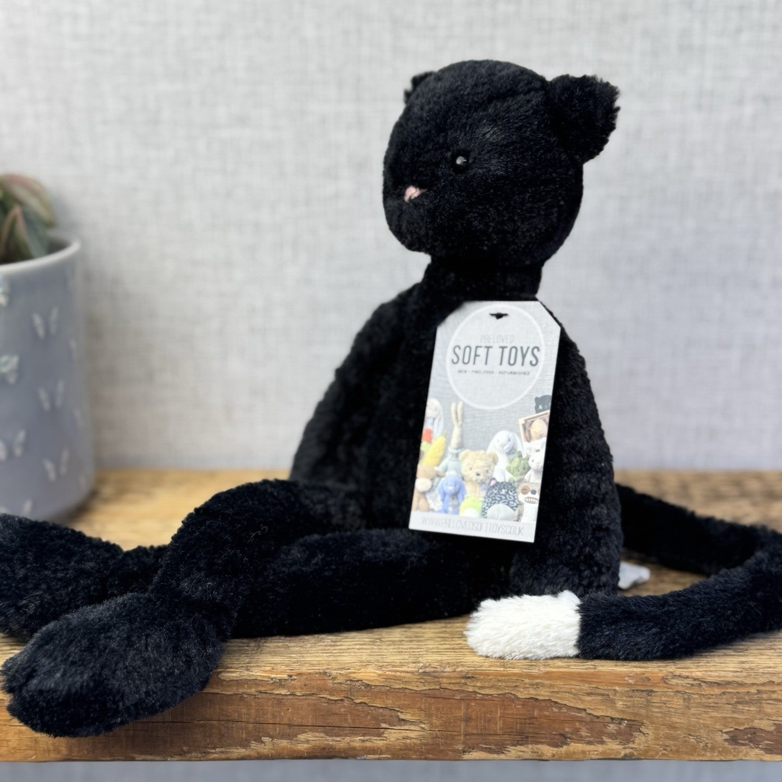 Jellycat Pitterpat Black Cat - Long Leg Kitten All Black - White Tail Tip 15"