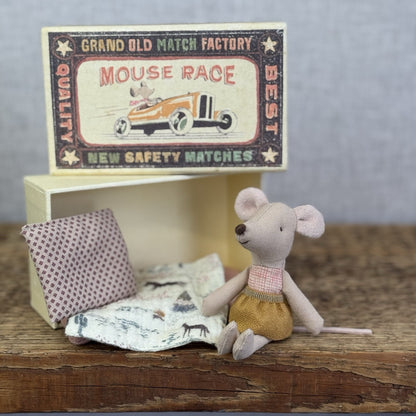 Maileg Little Sister - Red Check Bodice, Yellow Skirt, Miniature Maileg Mouse