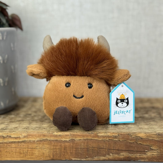 Jellycat Amuseabean Highland Cow  - Small Brown Beanie Cow Soft Toy Retired 5”