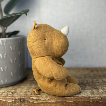 Maileg Rhino Safari Friends - Small Mustard/ochre Rhino Linen Soft Toy Beanie 8"