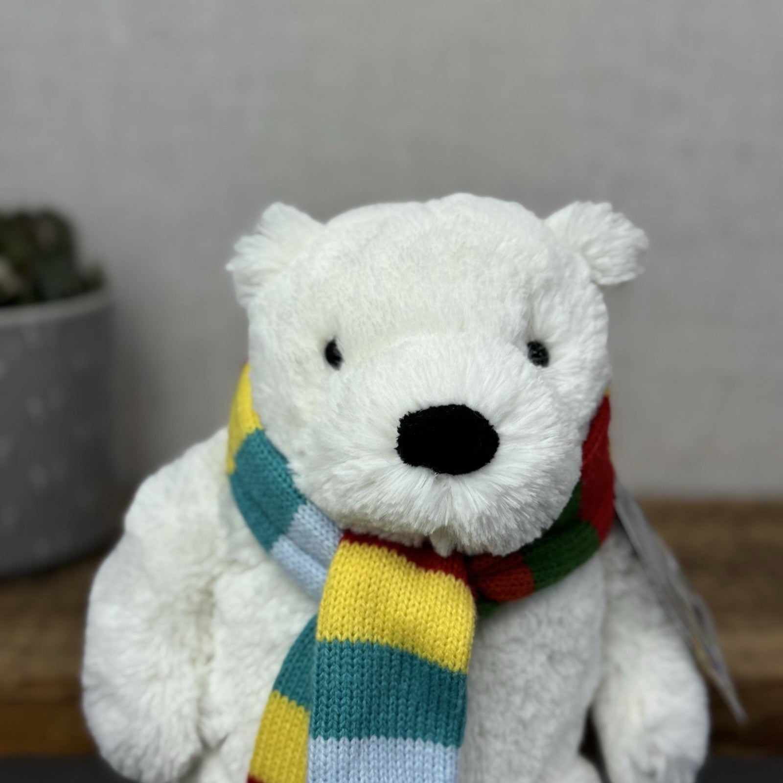 John Lewis Polar Bear Beanie Plush Rainbow Scarf - Christmas Bear (Jellycat) 10"
