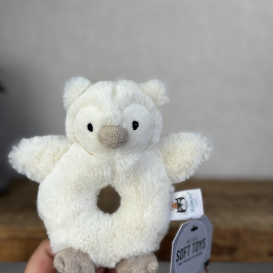 Jellycat Snowy Owl Rattle Ring - White Owl Rattle Grabber Plush Retired 