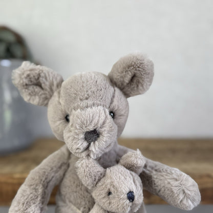 Jellycat Small Kara Kangaroo - Small Grey Kangeroo & Baby Joey 9" Rare