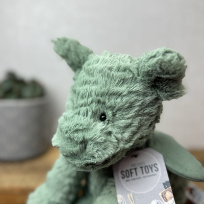 Jellycat Fuddlewuddle Dragon - Green/sage Dragon Textured Beanie Soft Toy 9"