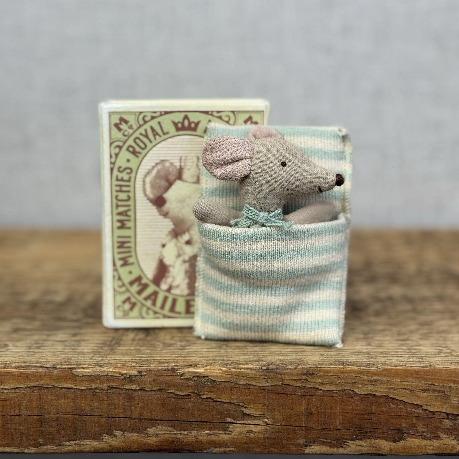 Maileg Sleepy/Wakey Baby Mouse In Matchbox Blue