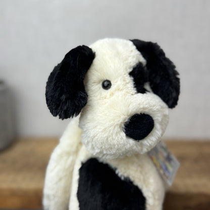 Jellycat Bashful Black & Cream Puppy Dog - Medium Beanie Dog Retired Plush 12”