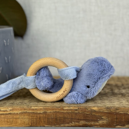 Jellycat Wooden Wilbur Whale Teething Ring - Small Whale Rattle Teether Toy Baby