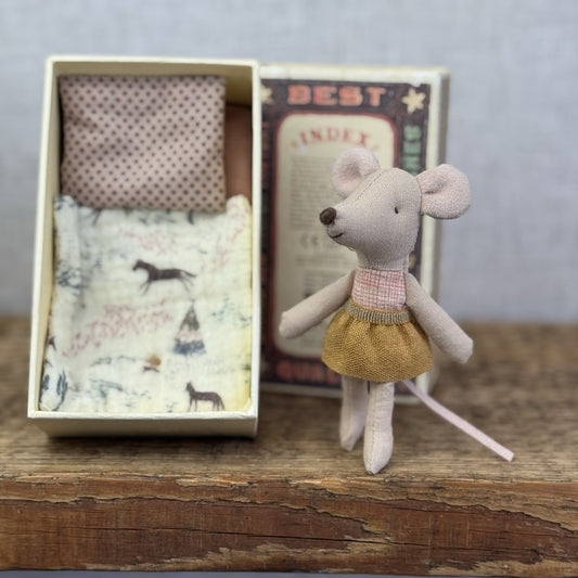 Maileg Little Sister - Red Check Bodice, Yellow Skirt, Miniature Maileg Mouse