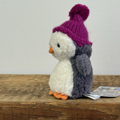 Jellycat Wee Penguin In Purple Bobble Hat - Mini Penguin Plush Winter 6”