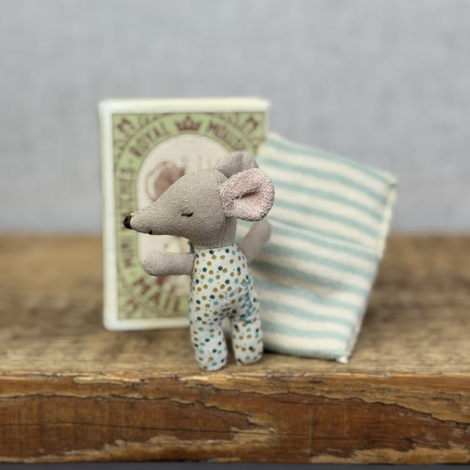 Maileg Sleepy/Wakey Baby Mouse In Matchbox Blue