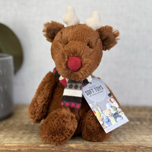 Jellycat Small Bashful Reindeer With Scarf - Red Nose Reindeer Beanie Plush 8”
