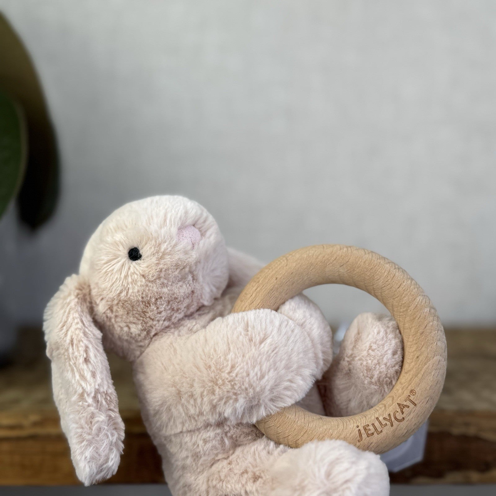 Jellycat Shooshu Bunny Beige Teething Ring - Smudge Bunny Teether Toy Rattle 5"