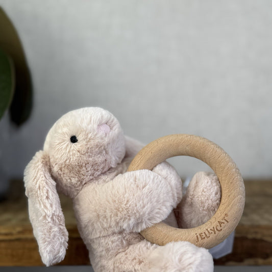 Jellycat Shooshu Bunny Beige Teething Ring - Smudge Bunny Teether Toy Rattle 5"