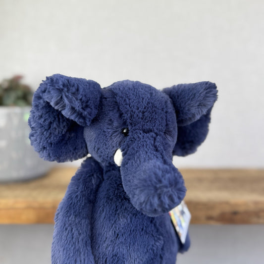 Jellycat Medium Bashful Navy Blue Elephant - Medium Blue With Tusks 12”