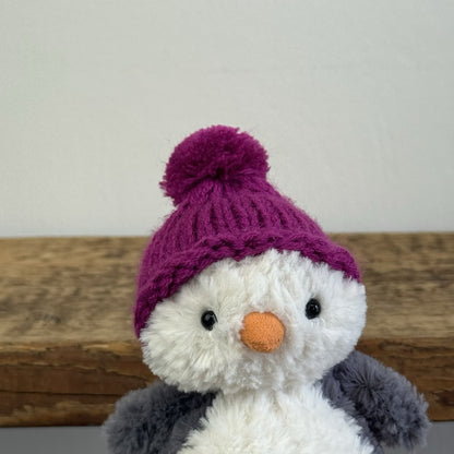 Jellycat Wee Penguin In Purple Bobble Hat - Mini Penguin Plush Winter 6”