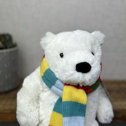 John Lewis Polar Bear Beanie Plush Rainbow Scarf - Christmas Bear (Jellycat) 10"