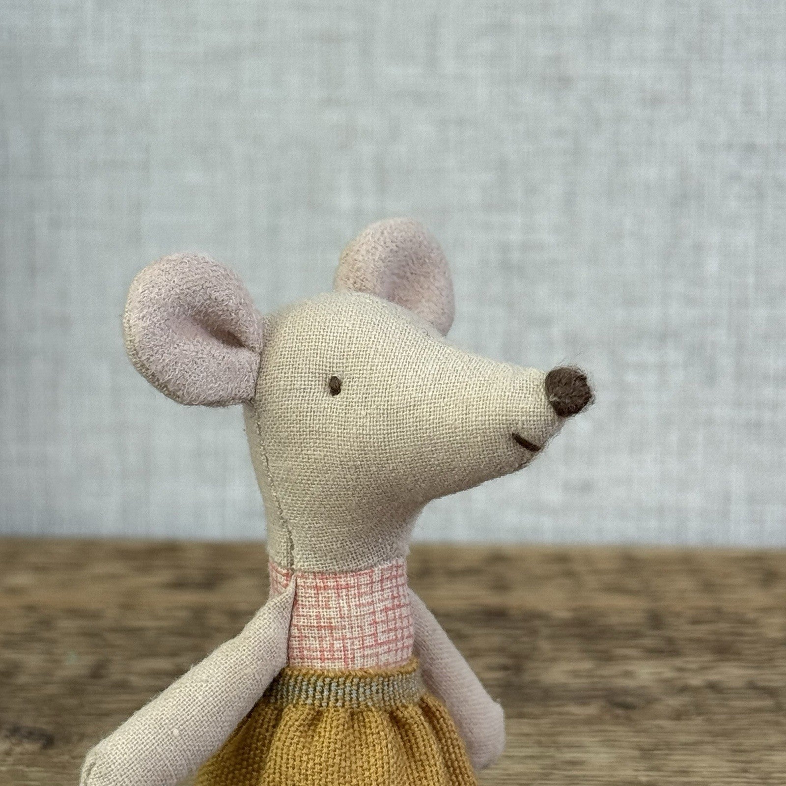 Maileg Little Sister - Red Check Bodice, Yellow Skirt, Miniature Maileg Mouse