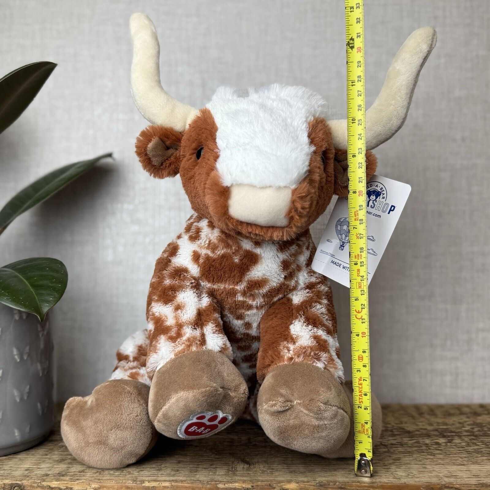 Build-a-Bear Highland Cow - Long Horn Cow Tan/Spot Plush Medium New 12"