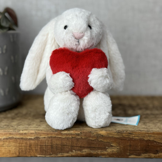 Jellycat Little Red Love Heart Bashful Bunny - Small White Bunny With Hear 8" 