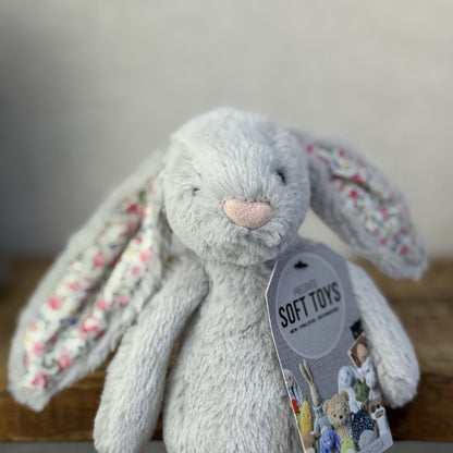 Jellycat Small Silver Blossom Bunny - Grey Bunny Blossom Ears White Tail 8”