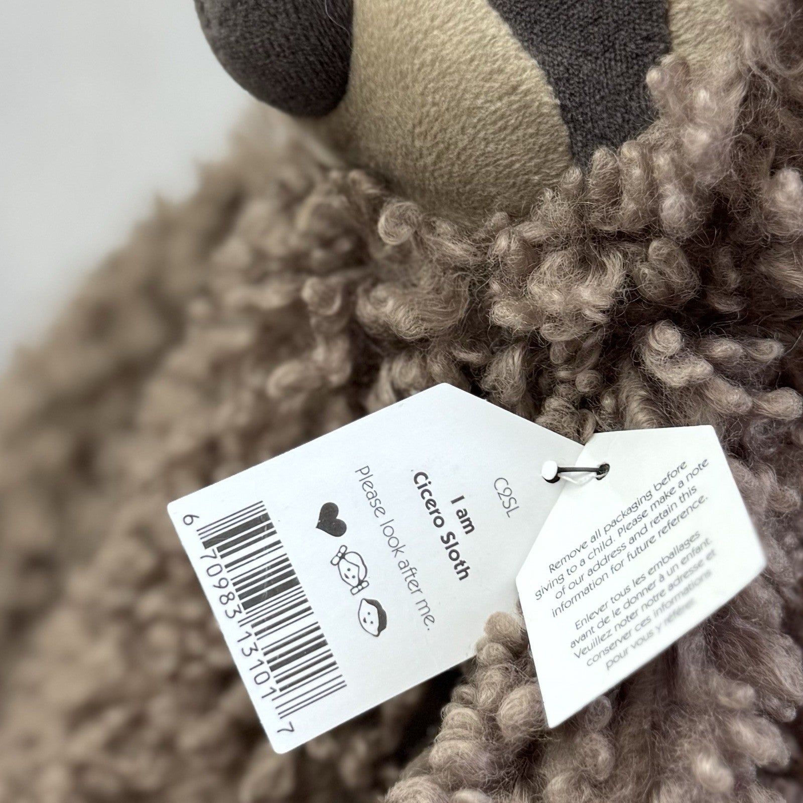 Jellycat Cicero Sloth - Curly Hair Large Light Brown Sloth Cuddly Beanie Tags