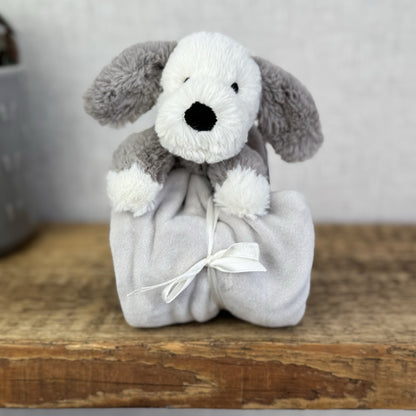Jellycat Shooshu Puppy Soother Comfort Blanket Grey Retired Rare (Smudge Puppy)