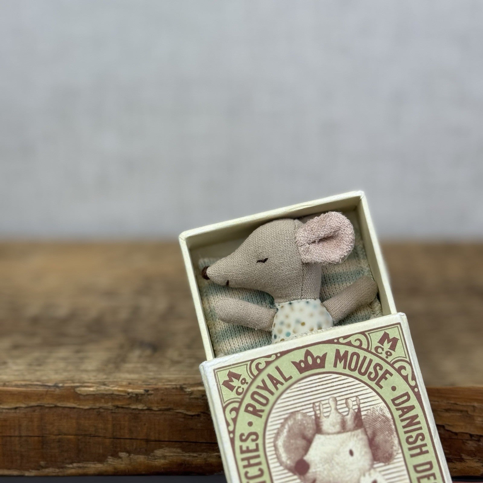 Maileg Sleepy/Wakey Baby Mouse In Matchbox Blue