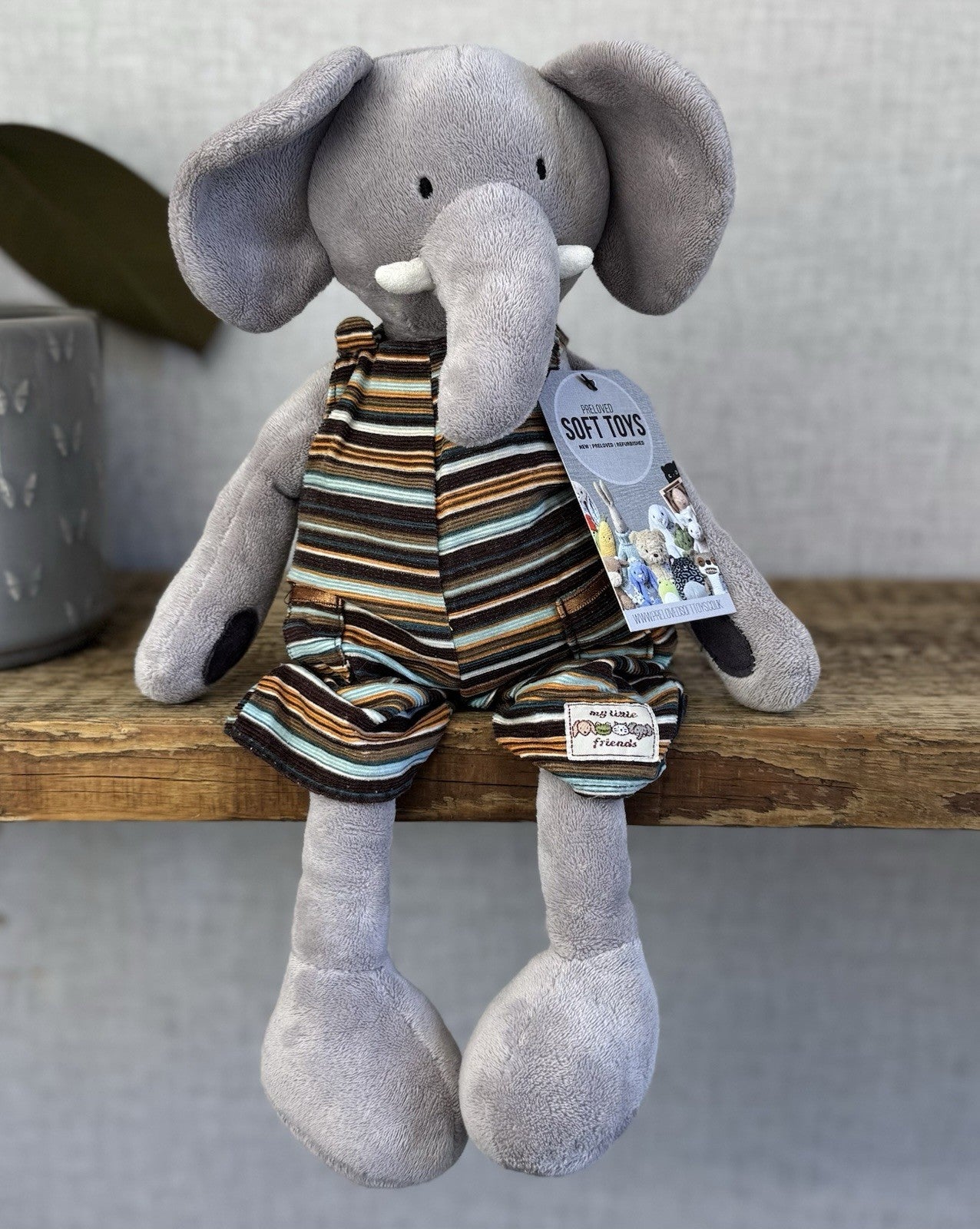 Jellycat My Little Friends Elephant - Striped Dungarees Soft Grey Retired Range