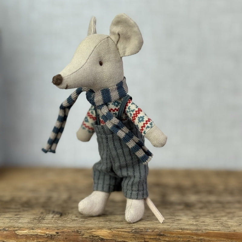 Maileg Christmas Mouse, Big Brother - Mouse In Dungarees & Scarf Miniature Plush