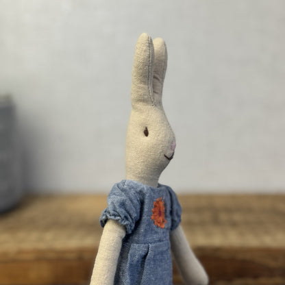 Maileg Small Rabbit Denim Dress Floral Detail - Older Style Bunny Retired 2010
