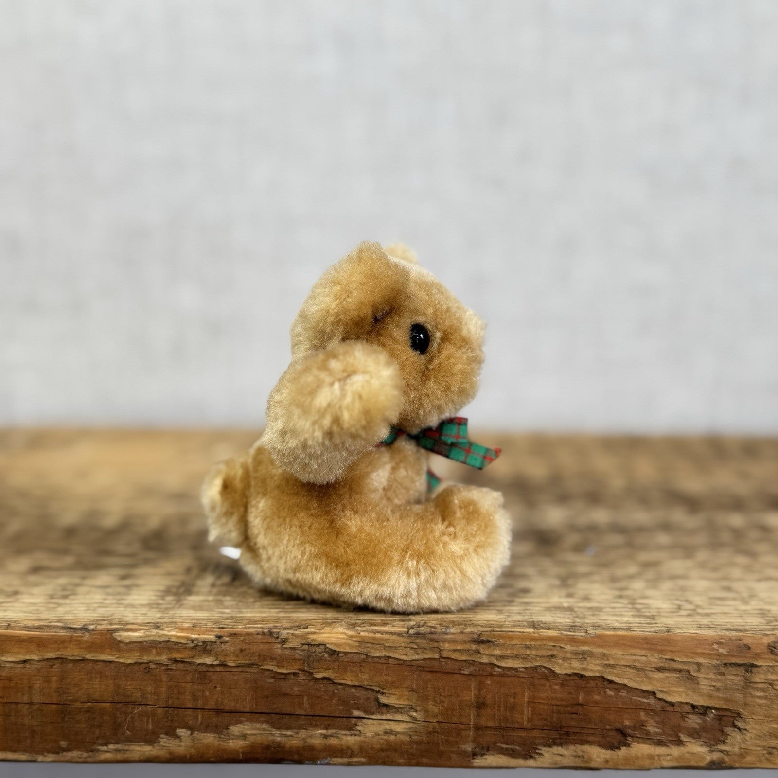 Russ Vintage Miniature Teddy Bear Tartan Bow - Tiny 3" Soft Toy Brown Bear Rare