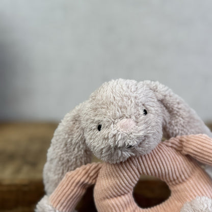 Jellycat Baby Jumble Bunny Grabber - Rattle Ring Pink Bunny Soft Toy Sensory