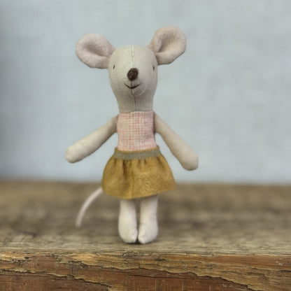 Maileg Little Sister - Red Check Bodice, Yellow Skirt, Miniature Maileg Mouse