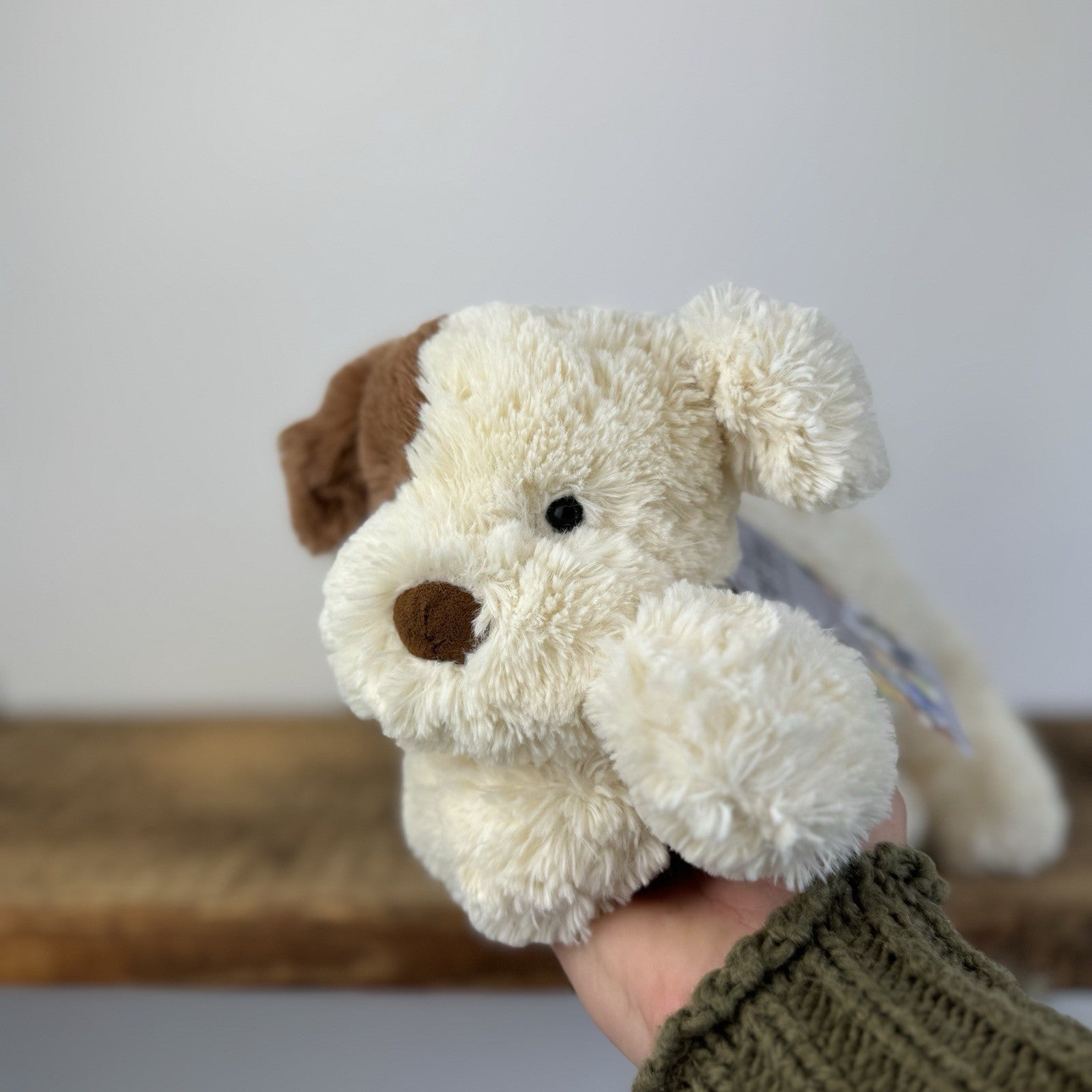 Jellycat Tumblie Biscuit Puppy Dog - Beige/Tan Patch Dog Laying Plush 14"