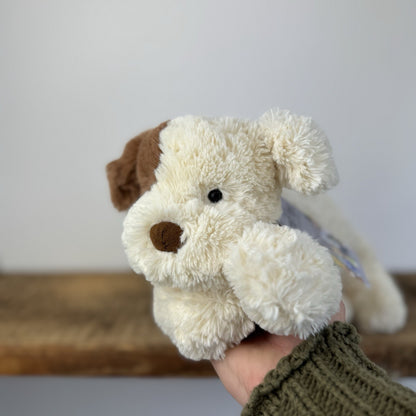 Jellycat Tumblie Biscuit Puppy Dog - Beige/Tan Patch Dog Laying Plush 14"