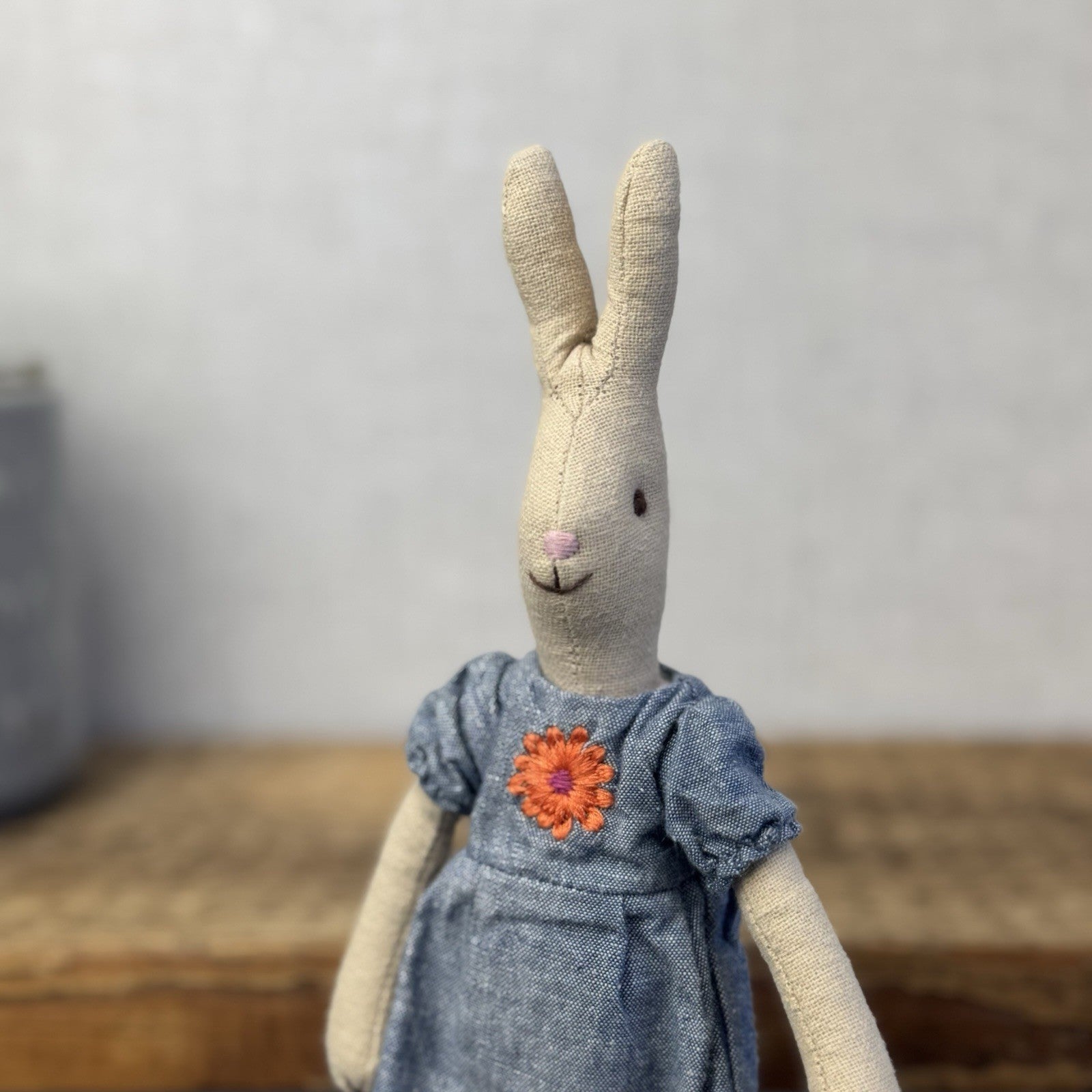 Maileg Small Rabbit Denim Dress Floral Detail - Older Style Bunny Retired 2010